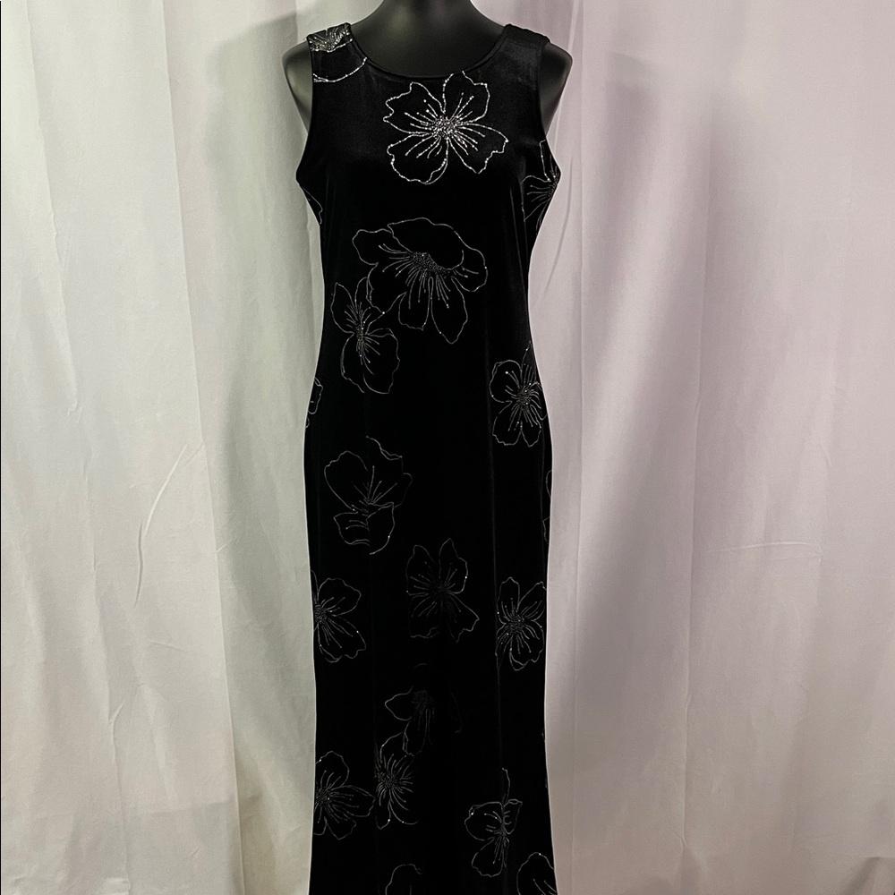 Vintage 90s Fashion Bug Black & Silver Velvet Metallic Floral Print Midi Dress